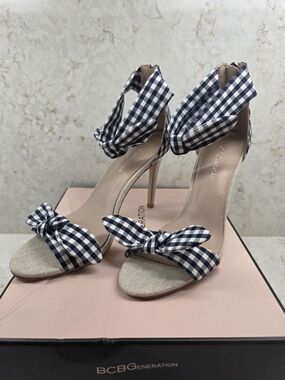 BCBGeneration Navy and White Gingham Bow Ankle-Tie Stiletto Sandals